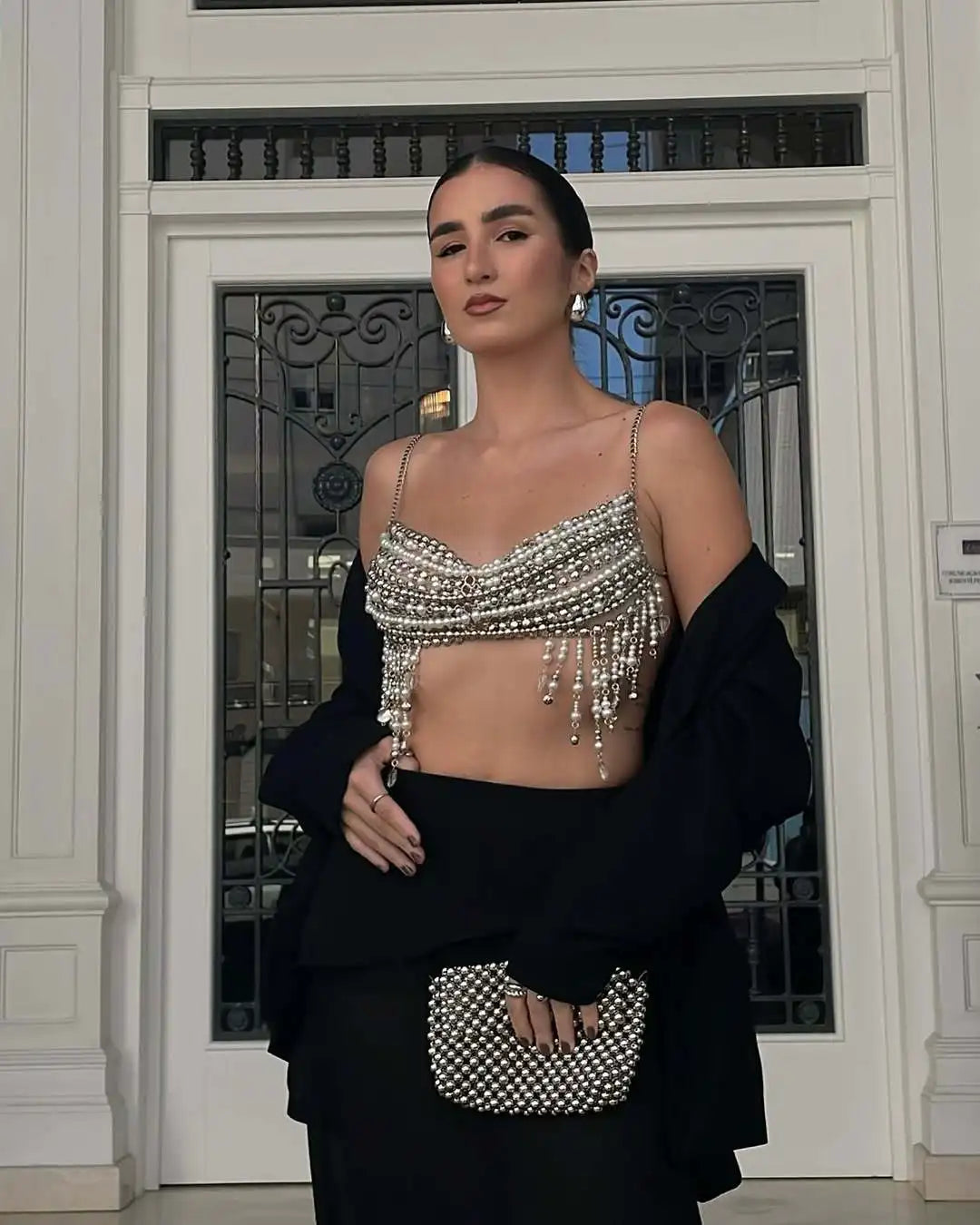 Woman Sexy Bikini Cover Crop Tops Beaded Bra Chain Patchwork Sling Vest Clothing Women Body Bralette Chest Chain Beach Wear