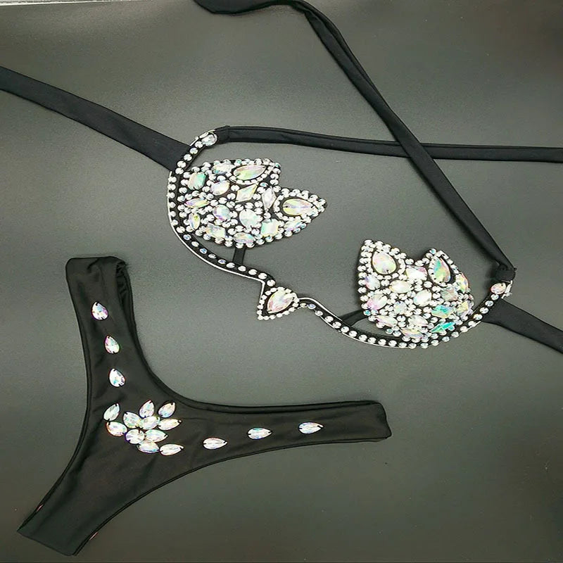 Designer Luxury Bikini Swimwear Girls Rhinestone Shiny Dance Wear Performance Stripper Outfit Swimsuits Beach Wear