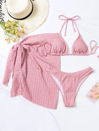 2026 3pcs Bikini Set Glistening Swimsuit Bikini With Cover up Dress Girls Swim Bathing Suit Beach Wear