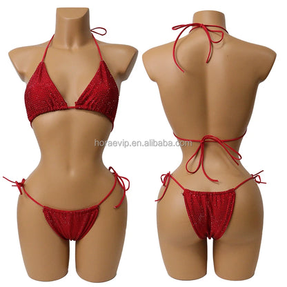 S573 Factory Supply Full Rhinestone Swimwear Swimsuit Two Pieces Sexy Bikini Neon Green Crystal Swimming Bathing Suit for Girl