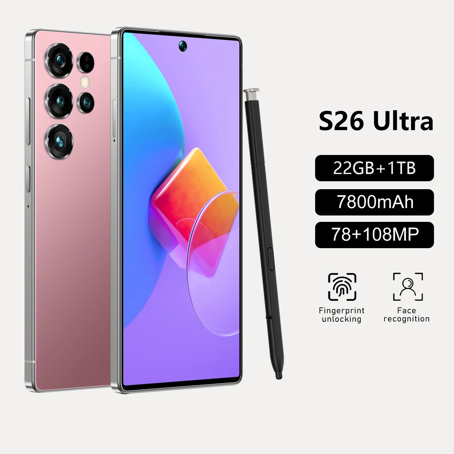 Les S26 Ultra Original 5G Waterproof Android 14 Smartphone 7.3\" HD Screen 108MP Rear 22GB+1TB Memory Global Elite Unlocked 14