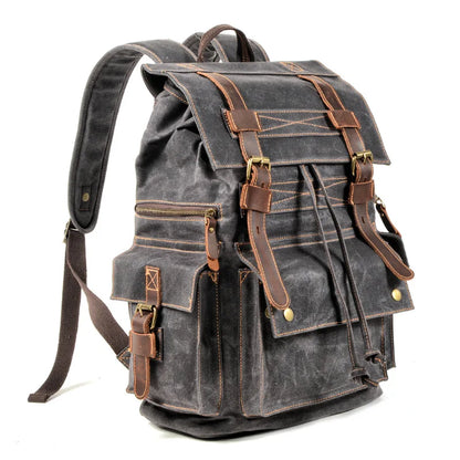 Large Capacity Vintage Rucksack Batik Canvas With Crazy Horse Leather Bag Men's Outdoor Travel Hiking Backpacks