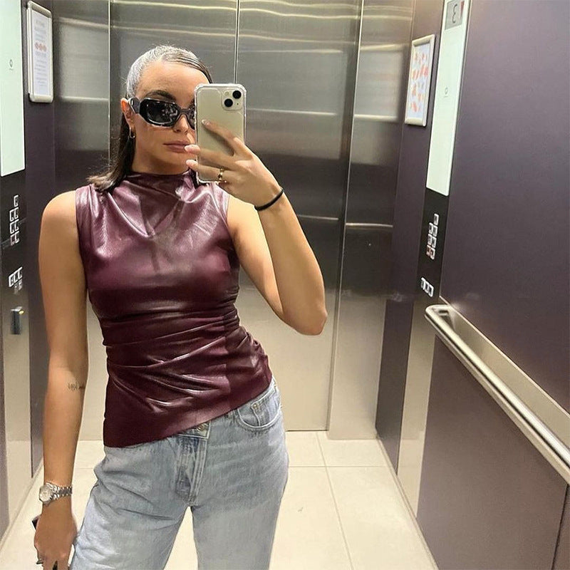 PU Leather Tank Top High Fashion Asymmetrical Ruched Sleeveless Blouse Winter Sexy T Shirt For Women Y2K Clothes 2023