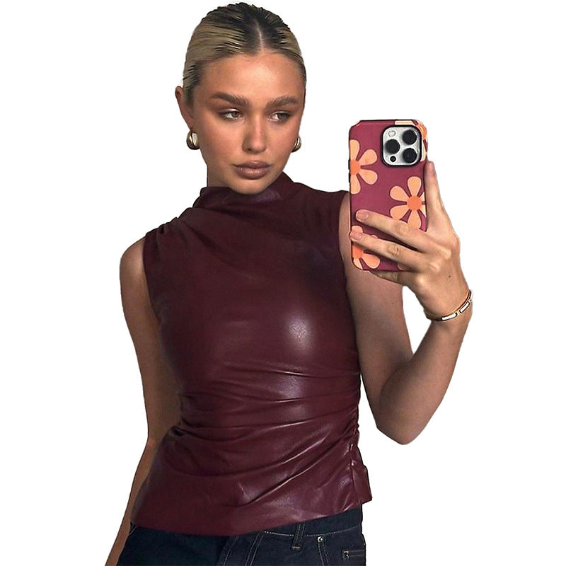 PU Leather Tank Top High Fashion Asymmetrical Ruched Sleeveless Blouse Winter Sexy T Shirt For Women Y2K Clothes 2023