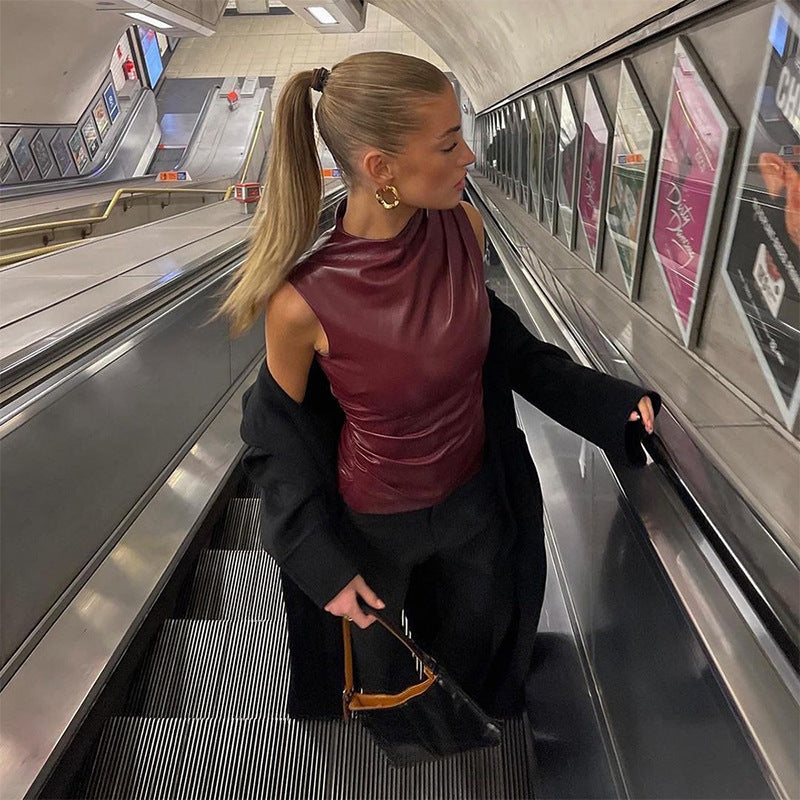 PU Leather Tank Top High Fashion Asymmetrical Ruched Sleeveless Blouse Winter Sexy T Shirt For Women Y2K Clothes 2023
