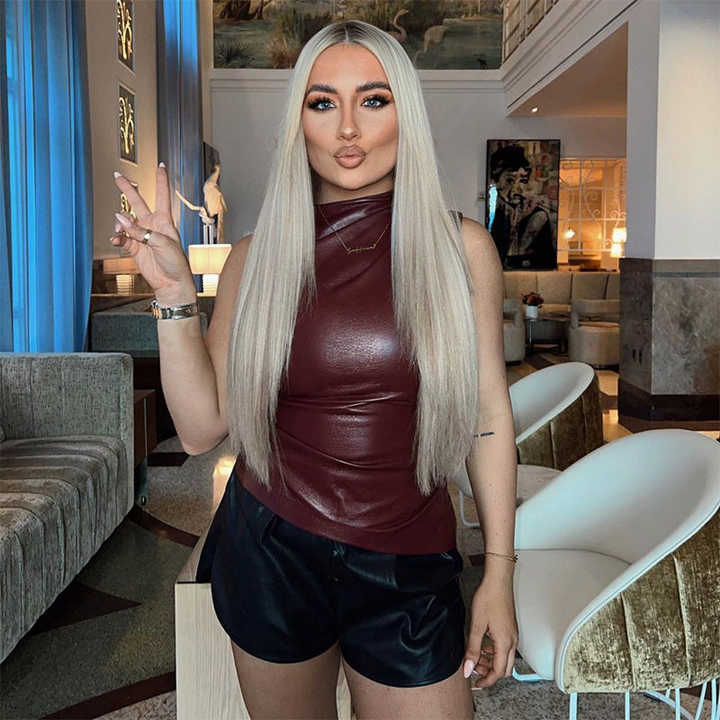 PU Leather Tank Top High Fashion Asymmetrical Ruched Sleeveless Blouse Winter Sexy T Shirt For Women Y2K Clothes 2023