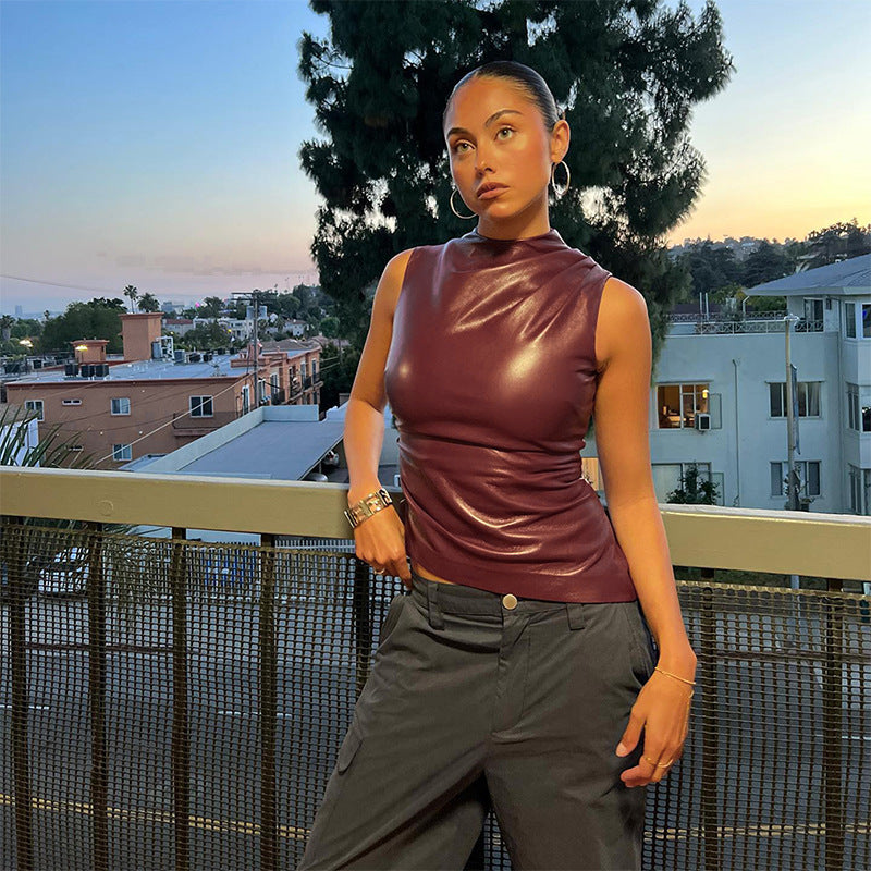 PU Leather Tank Top High Fashion Asymmetrical Ruched Sleeveless Blouse Winter Sexy T Shirt For Women Y2K Clothes 2023