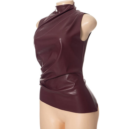 PU Leather Tank Top High Fashion Asymmetrical Ruched Sleeveless Blouse Winter Sexy T Shirt For Women Y2K Clothes 2023