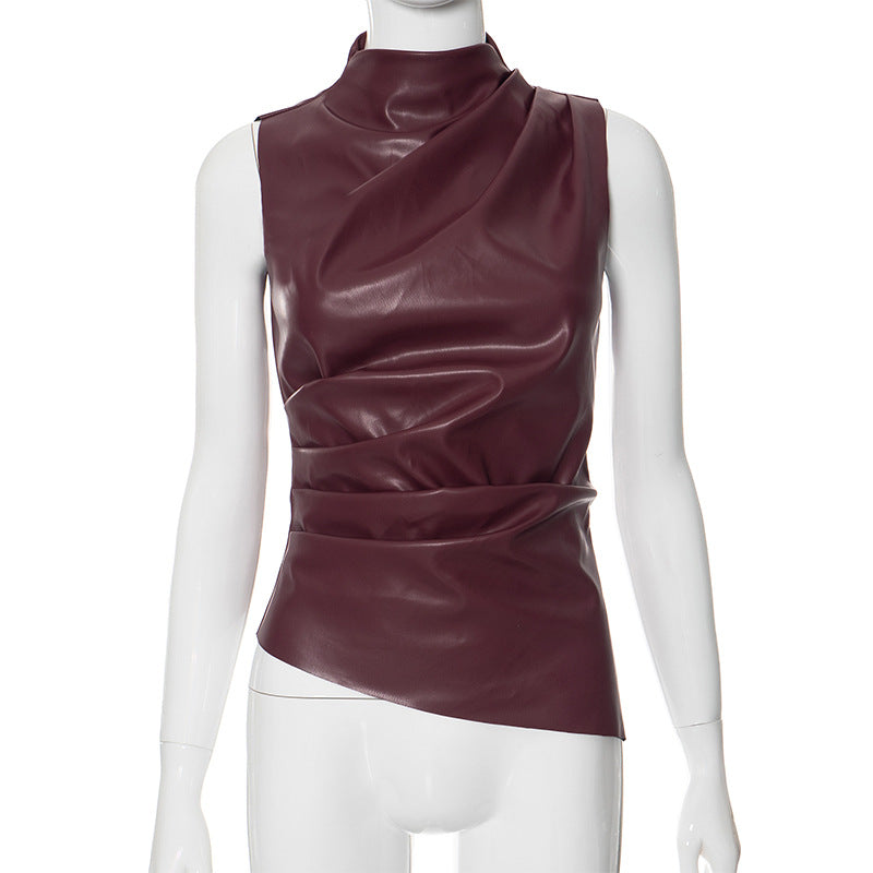 PU Leather Tank Top High Fashion Asymmetrical Ruched Sleeveless Blouse Winter Sexy T Shirt For Women Y2K Clothes 2023