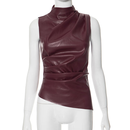 PU Leather Tank Top High Fashion Asymmetrical Ruched Sleeveless Blouse Winter Sexy T Shirt For Women Y2K Clothes 2023