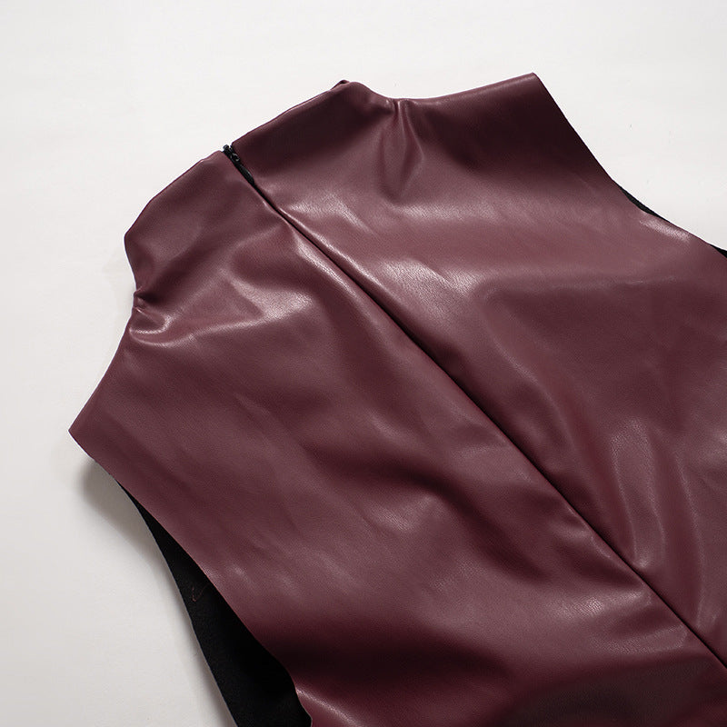 PU Leather Tank Top High Fashion Asymmetrical Ruched Sleeveless Blouse Winter Sexy T Shirt For Women Y2K Clothes 2023