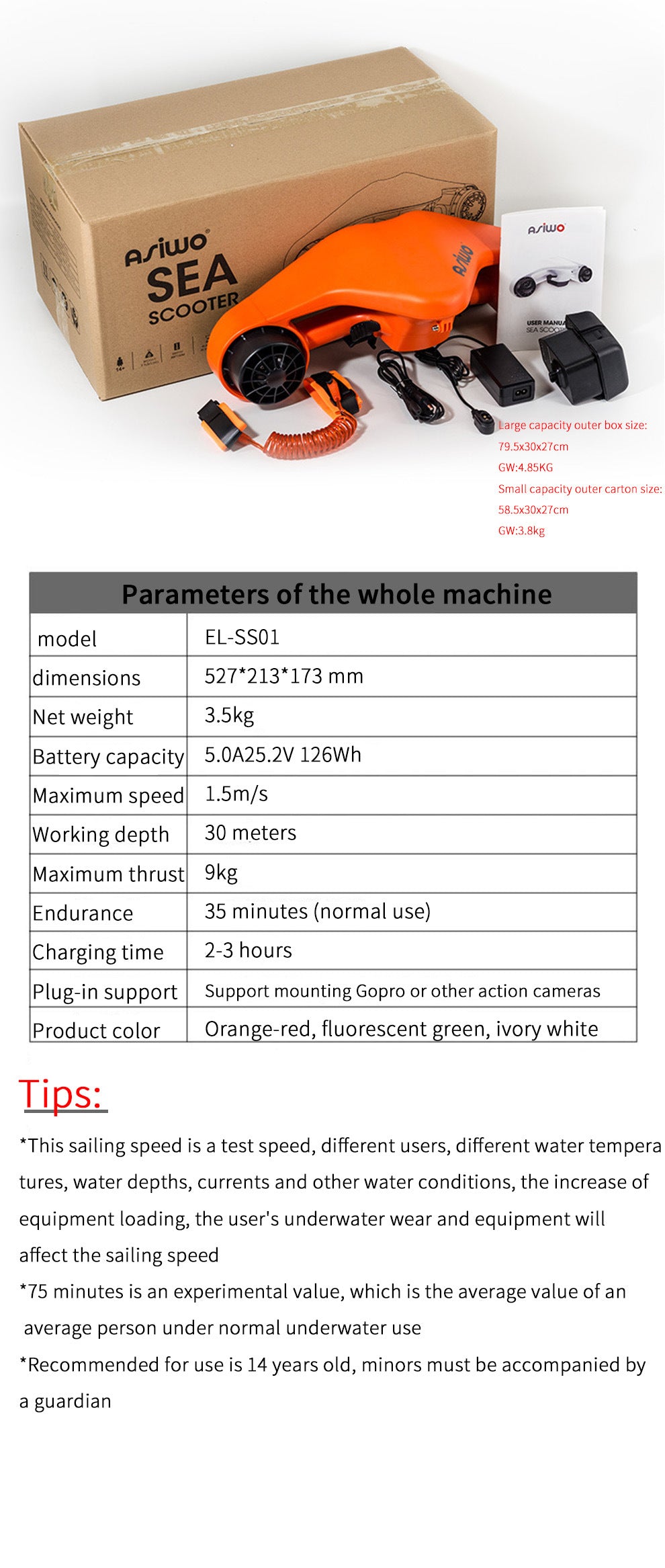 Electric Sea Scooter Portable 30 Meters Depth Underwater 35mins Running Time -10℃-40℃ Available Underwater Scooter 3.5kg