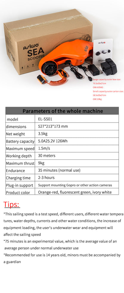 Electric Sea Scooter Portable 30 Meters Depth Underwater 35mins Running Time -10℃-40℃ Available Underwater Scooter 3.5kg
