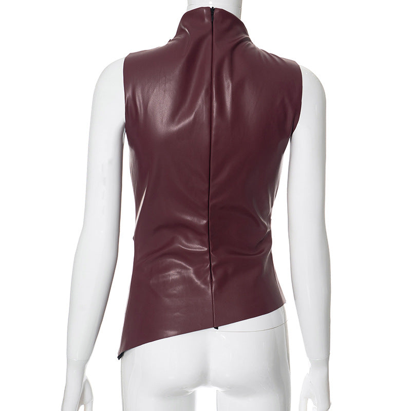 PU Leather Tank Top High Fashion Asymmetrical Ruched Sleeveless Blouse Winter Sexy T Shirt For Women Y2K Clothes 2023