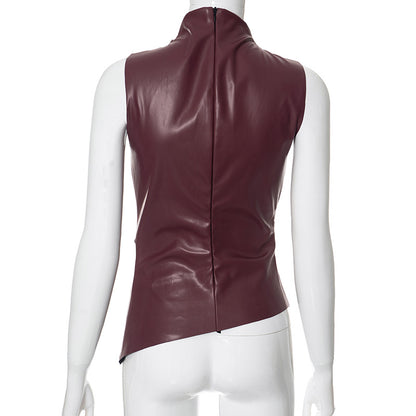 PU Leather Tank Top High Fashion Asymmetrical Ruched Sleeveless Blouse Winter Sexy T Shirt For Women Y2K Clothes 2023