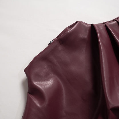 PU Leather Tank Top High Fashion Asymmetrical Ruched Sleeveless Blouse Winter Sexy T Shirt For Women Y2K Clothes 2023