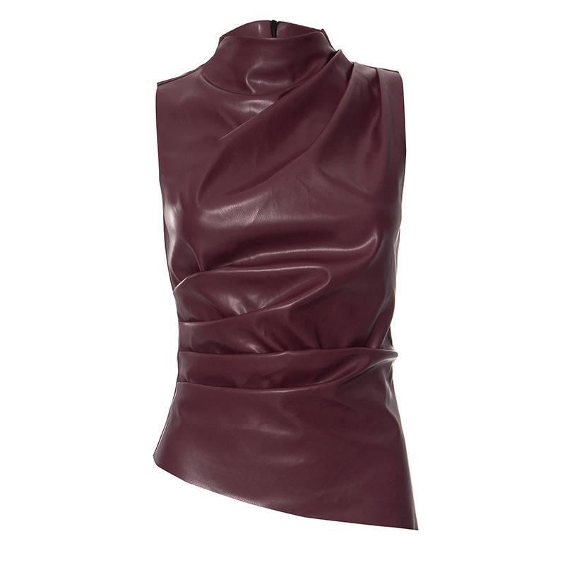 PU Leather Tank Top High Fashion Asymmetrical Ruched Sleeveless Blouse Winter Sexy T Shirt For Women Y2K Clothes 2023