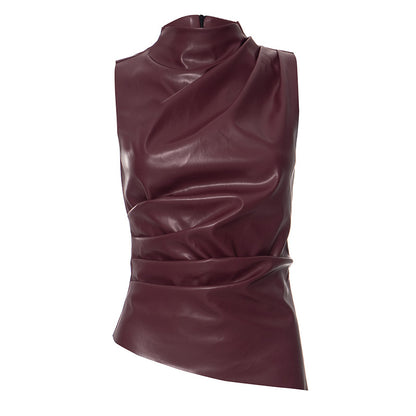PU Leather Tank Top High Fashion Asymmetrical Ruched Sleeveless Blouse Winter Sexy T Shirt For Women Y2K Clothes 2023