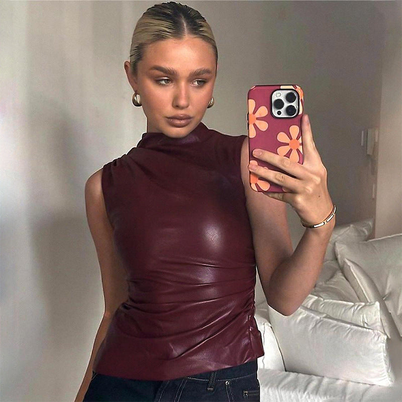PU Leather Tank Top High Fashion Asymmetrical Ruched Sleeveless Blouse Winter Sexy T Shirt For Women Y2K Clothes 2023