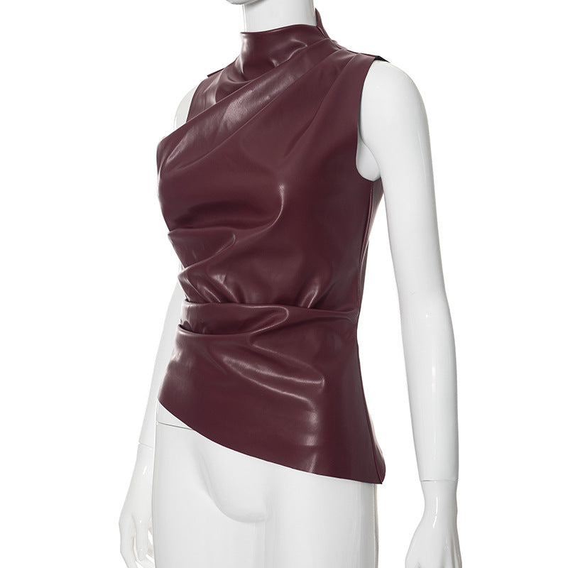 PU Leather Tank Top High Fashion Asymmetrical Ruched Sleeveless Blouse Winter Sexy T Shirt For Women Y2K Clothes 2023