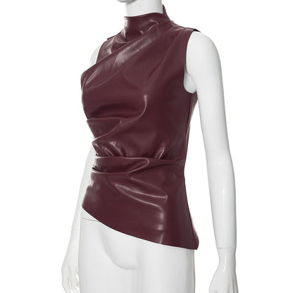 PU Leather Tank Top High Fashion Asymmetrical Ruched Sleeveless Blouse Winter Sexy T Shirt For Women Y2K Clothes 2023