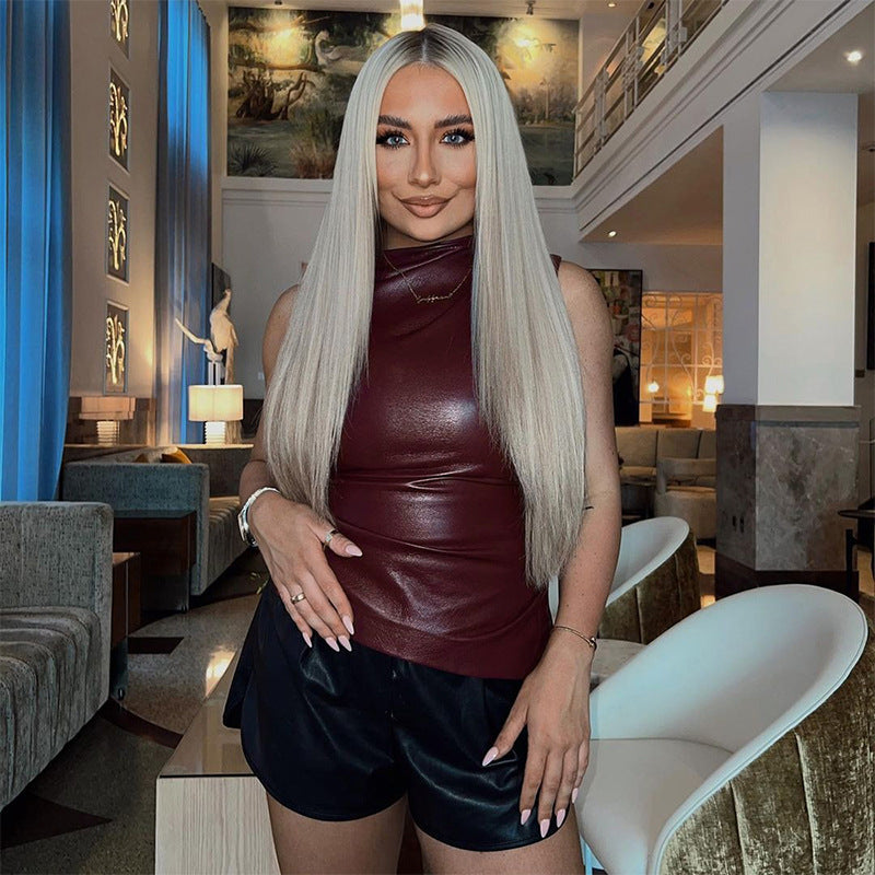 PU Leather Tank Top High Fashion Asymmetrical Ruched Sleeveless Blouse Winter Sexy T Shirt For Women Y2K Clothes 2023