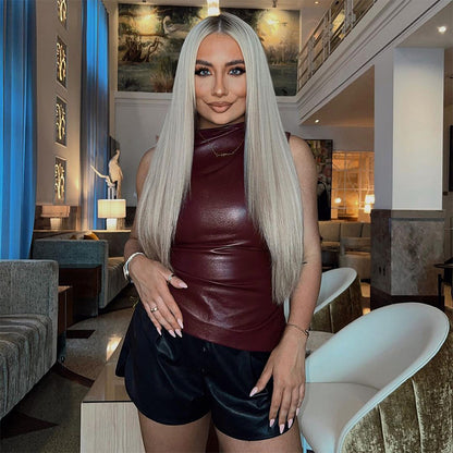 PU Leather Tank Top High Fashion Asymmetrical Ruched Sleeveless Blouse Winter Sexy T Shirt For Women Y2K Clothes 2023