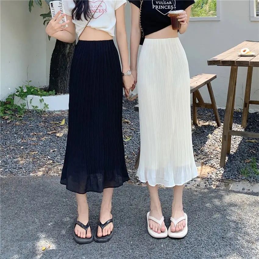 Summer New Fashion Solid Spring Wrapped Hip Fishtail Skirt Women Patchwork Elastic Waist Elegant Gentle Mid Length A-line Skirts