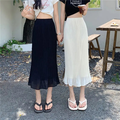Summer New Fashion Solid Spring Wrapped Hip Fishtail Skirt Women Patchwork Elastic Waist Elegant Gentle Mid Length A-line Skirts