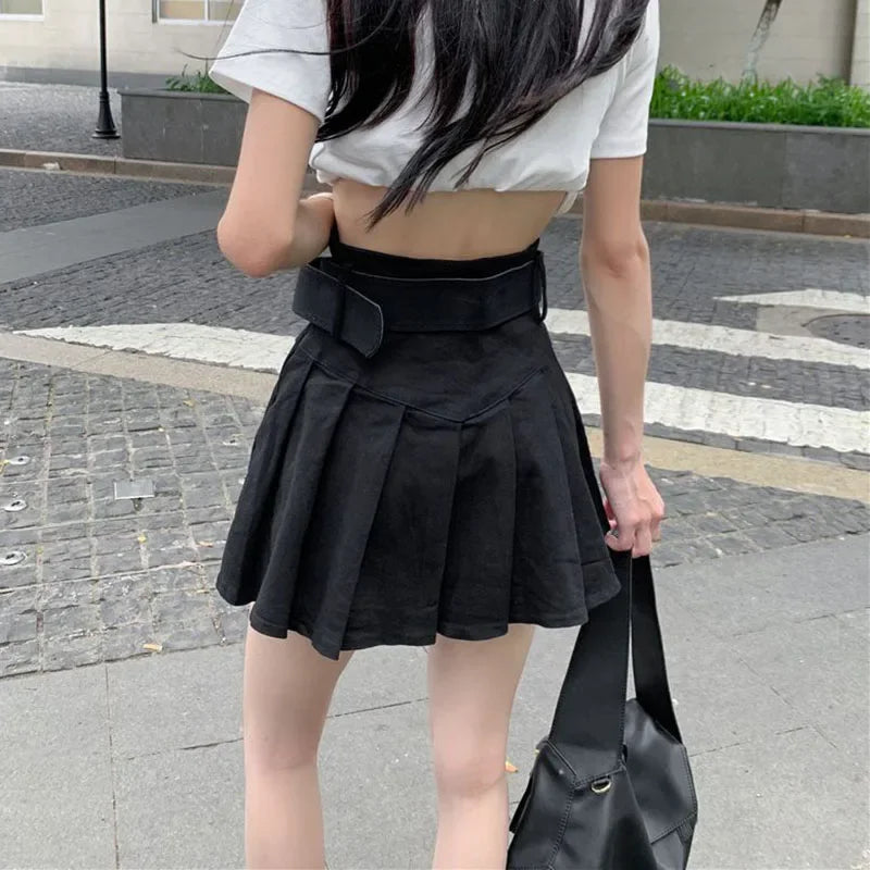 Lucyever Korean High Waist Pleated Skirts Women Summer Khaki Black with Belt A-Line Skirt Woman All-Match Streetwear Mini Skirt