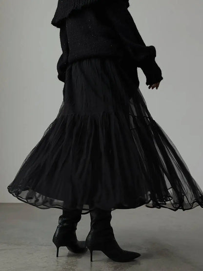 Hirsionsan Pleated Cake Skirts Women 2024 New Korean Harajuku Sweet Lace Skirt Ladies Elegant Party Ball Gown Female Mesh Skirt