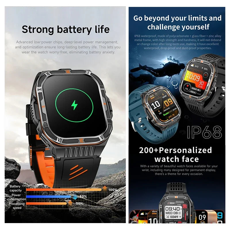 New 1100mAh Big Battery Smart Watch Men Outdoor Compass Bluetooth Call IP68 Waterproof Sports 2.01 Inch Flashlight Smart Watch