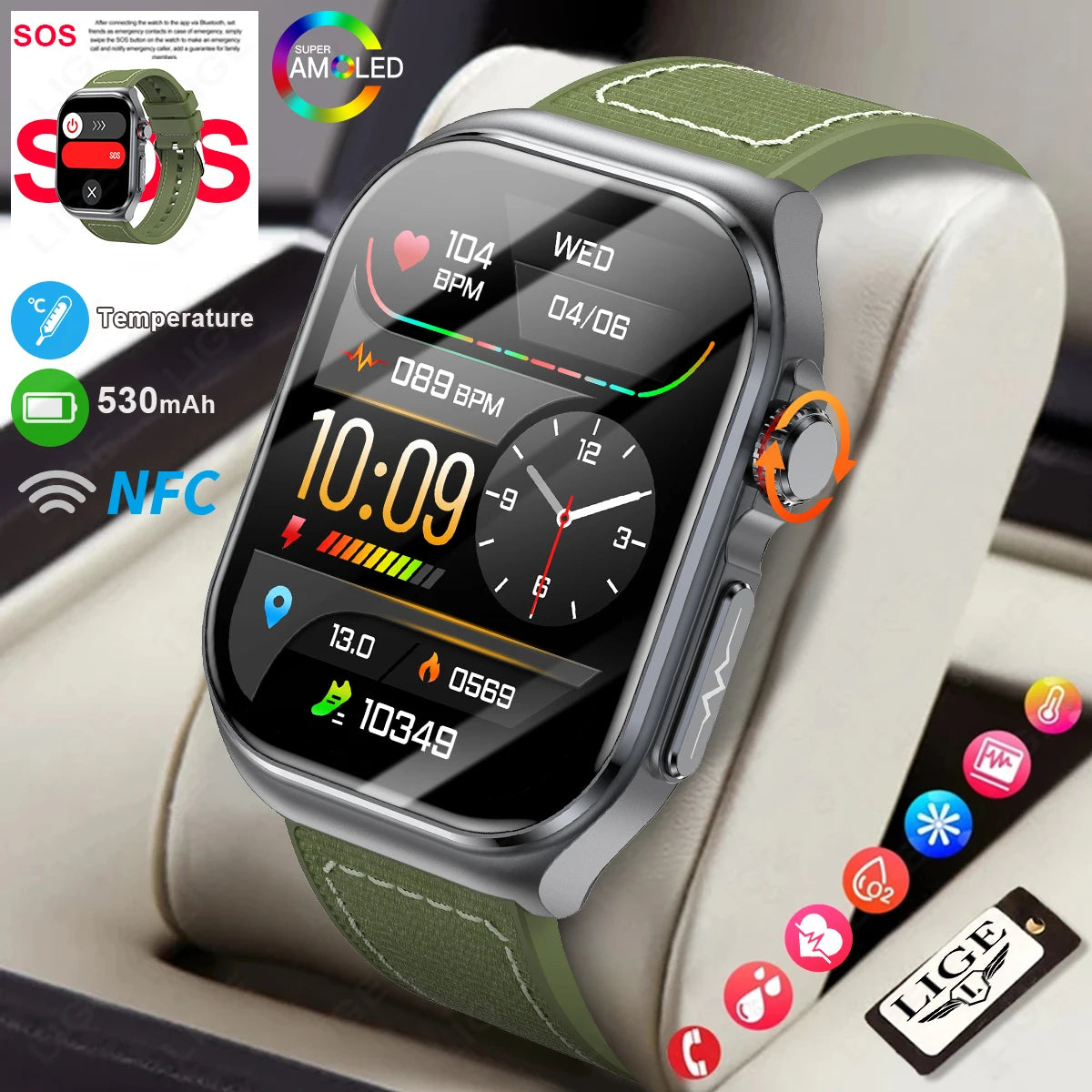LIGE AMOLED Smart Watch ET585 Men ECG Blood Compositoin Health Monitoring Bluetooth Call Women Sports Fitness Tracker Smartwatch