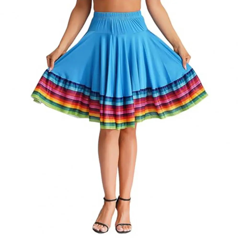 Midi Skirt Ladies Folk Dance Skirt Elastic High Waist Spanish Swing Skirt Rainbow Large Swing Hem Mexican Flamenco Dance Skirts