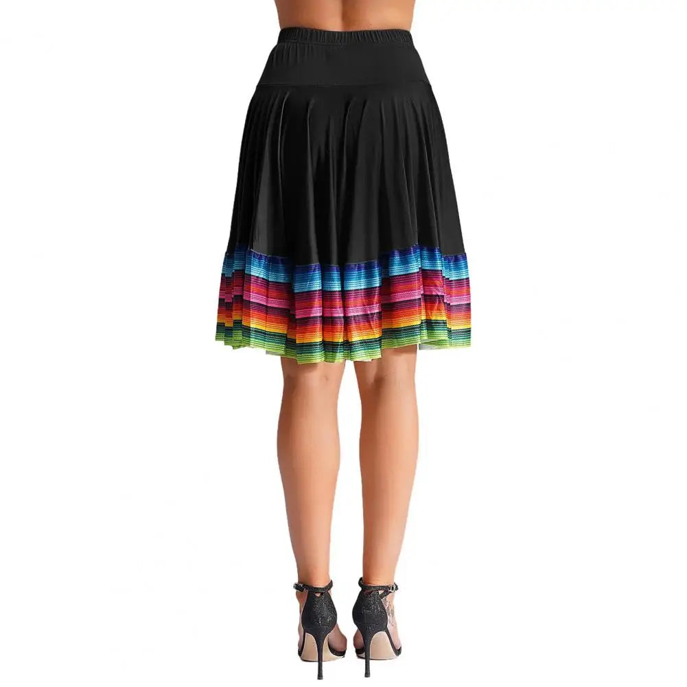 Midi Skirt Ladies Folk Dance Skirt Elastic High Waist Spanish Swing Skirt Rainbow Large Swing Hem Mexican Flamenco Dance Skirts