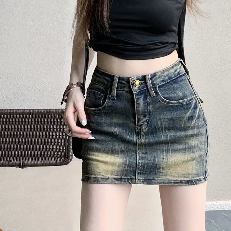 STSVZORR Vintage Embroidery Denim Half Skirt Women's Summer Skirt Water Wash Elastic Wrap Hip Short Skirt