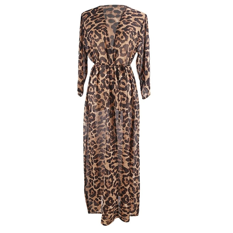 77HC Womens Long Bikinis Cover-ups Beach Dress Summer Sexy Robe Beachwear Leopard-printing Tunic Top Swimwear Cover-Ups Dress