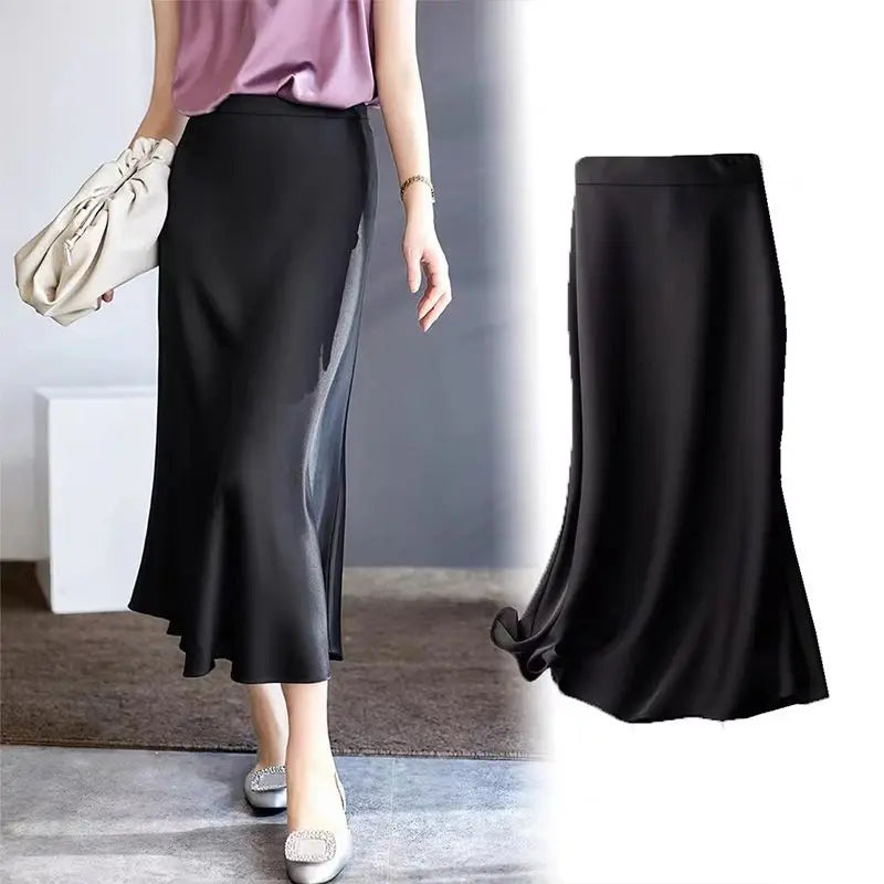 Fashion Oversized Women Clothing Satin Skirts Summer Temperament Solid Color High Waist A-line Skirt Female Simplicity Skirt