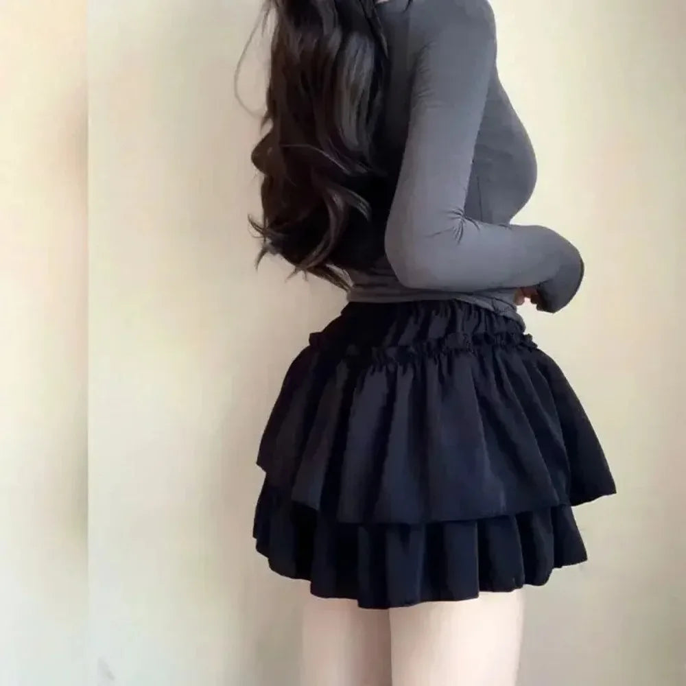 Summer Kawaii Pleated A-Line Skirt for Women White Ruffle Tiered Sweet Style Elastic Waist Summer Slim Korean Harajuku Dress