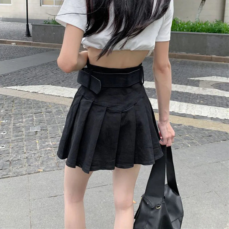 Lucyever Korean High Waist Pleated Skirts Women Summer Khaki Black with Belt A-Line Skirt Woman All-Match Streetwear Mini Skirt