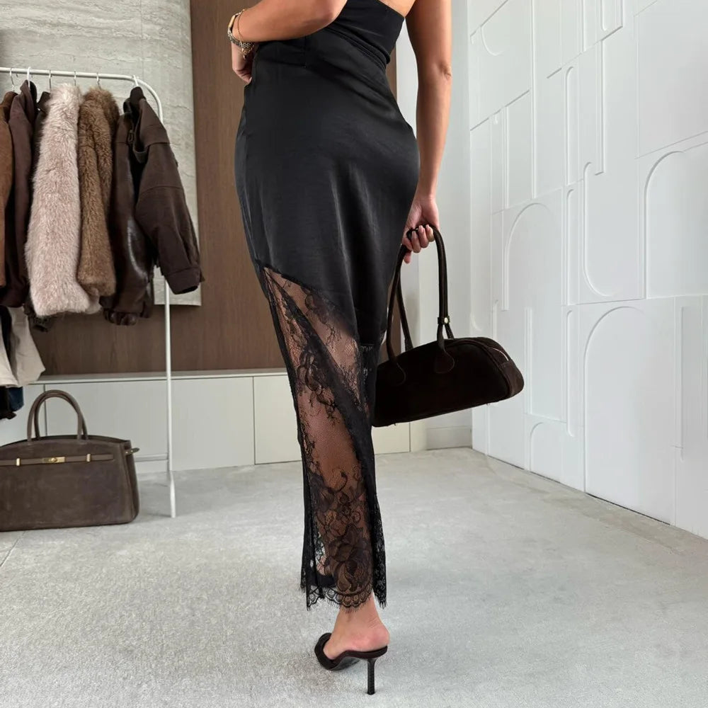 2025 High Waist Lace Skirts Fashion Women Slim Hollow Out Autumn Patchwork Boho Maxi Skirt Casual Office Lady Commute Clothes