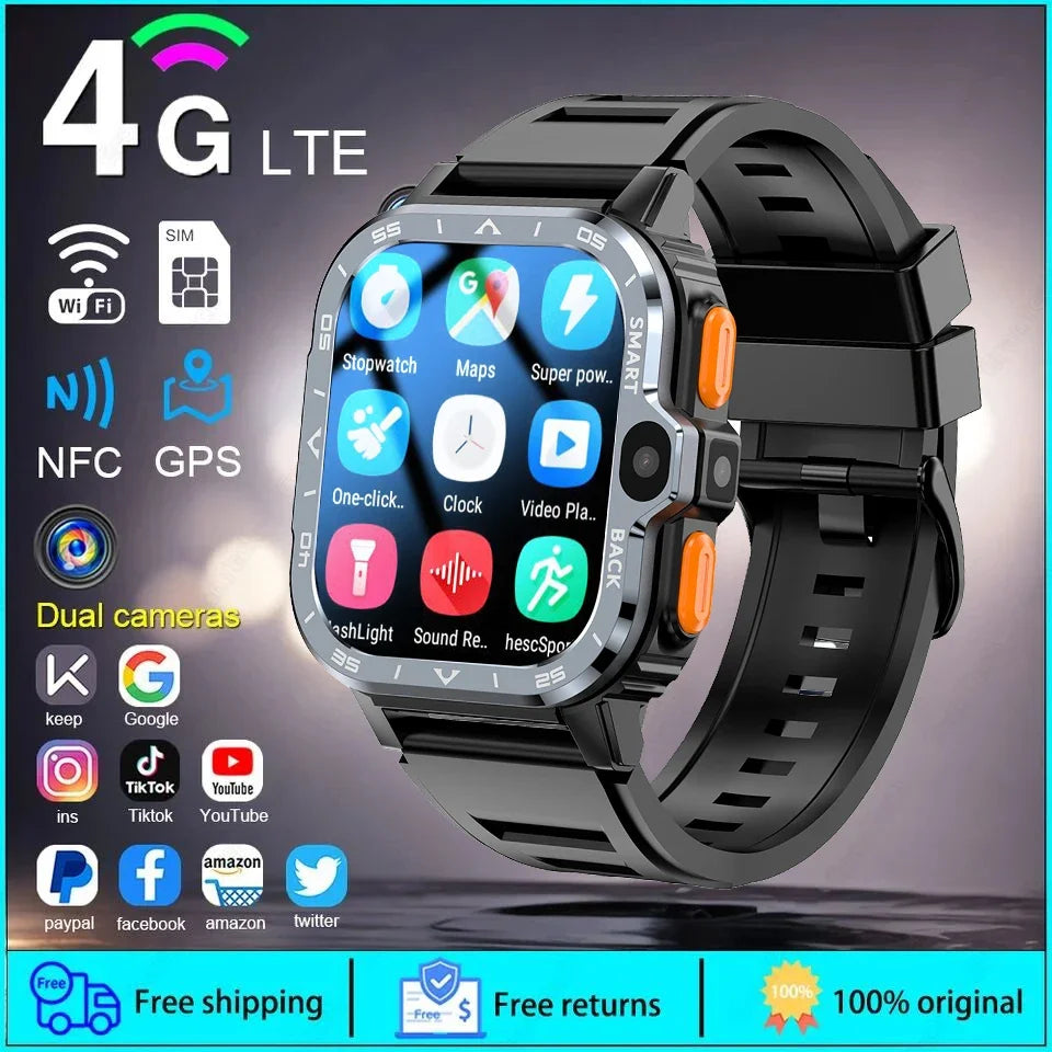 PGD SmartWatch 4G LTE GPS Wifi SIM Card NFC Dual Camera Rugged 64G ROM Storage Heart Rate Sports Smart Watch Men