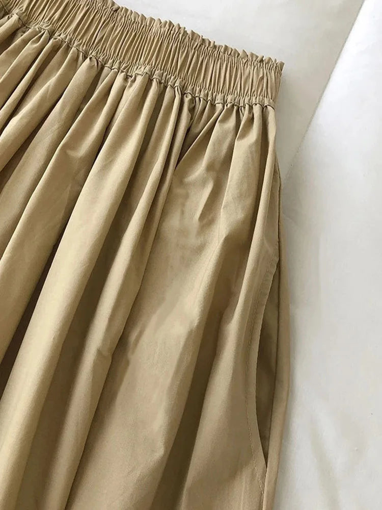 2025 New Casual Elegant High Waist A Line Skirts Women Solid Color Long Skirt Fashion Pockets Pleated Knee Length Skirts Autumn