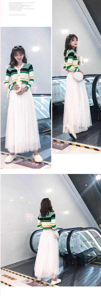 Women Mesh Elastic Tutu Skirt Beach Spring Summer Korean High Waist Fashion Pleated Long Skirt Black White Tulle Skirts LSK010