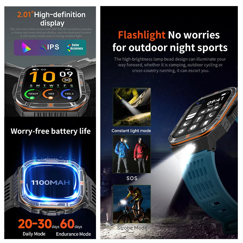 New 1100mAh Big Battery Smart Watch Men Outdoor Compass Bluetooth Call IP68 Waterproof Sports 2.01 Inch Flashlight Smart Watch