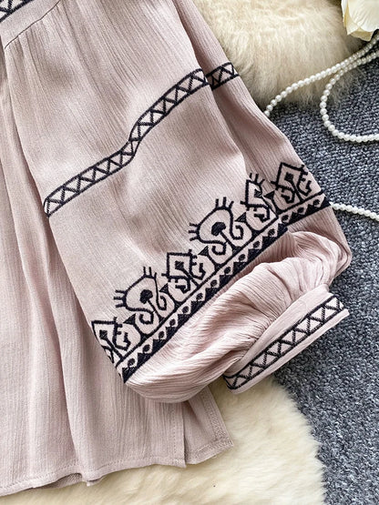 Women's Bohemia Blouse Embroidered Autumn Spring O-neck Collar Bow Tie Lantern Sleeve Top Blusas Mujer Female Tops BL020