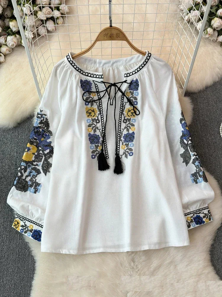 2026 Spring Retro Embroidered Shirt Top Female Lace Up Tassel Loose Lantern Sleeves Ethnic Style Blouse Female A70