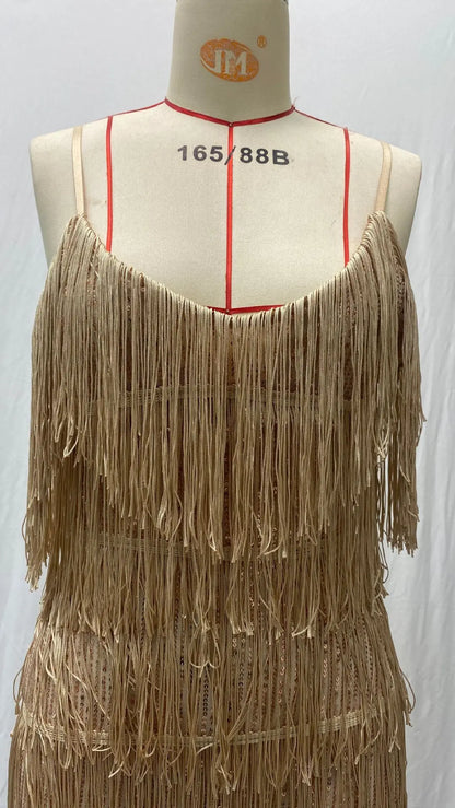 Summer Fashion Elegant Tassel Sequin Dress Women's Sexy Slim Sleeveless V-neck High Waist Suspender Feather Stitching Dresses