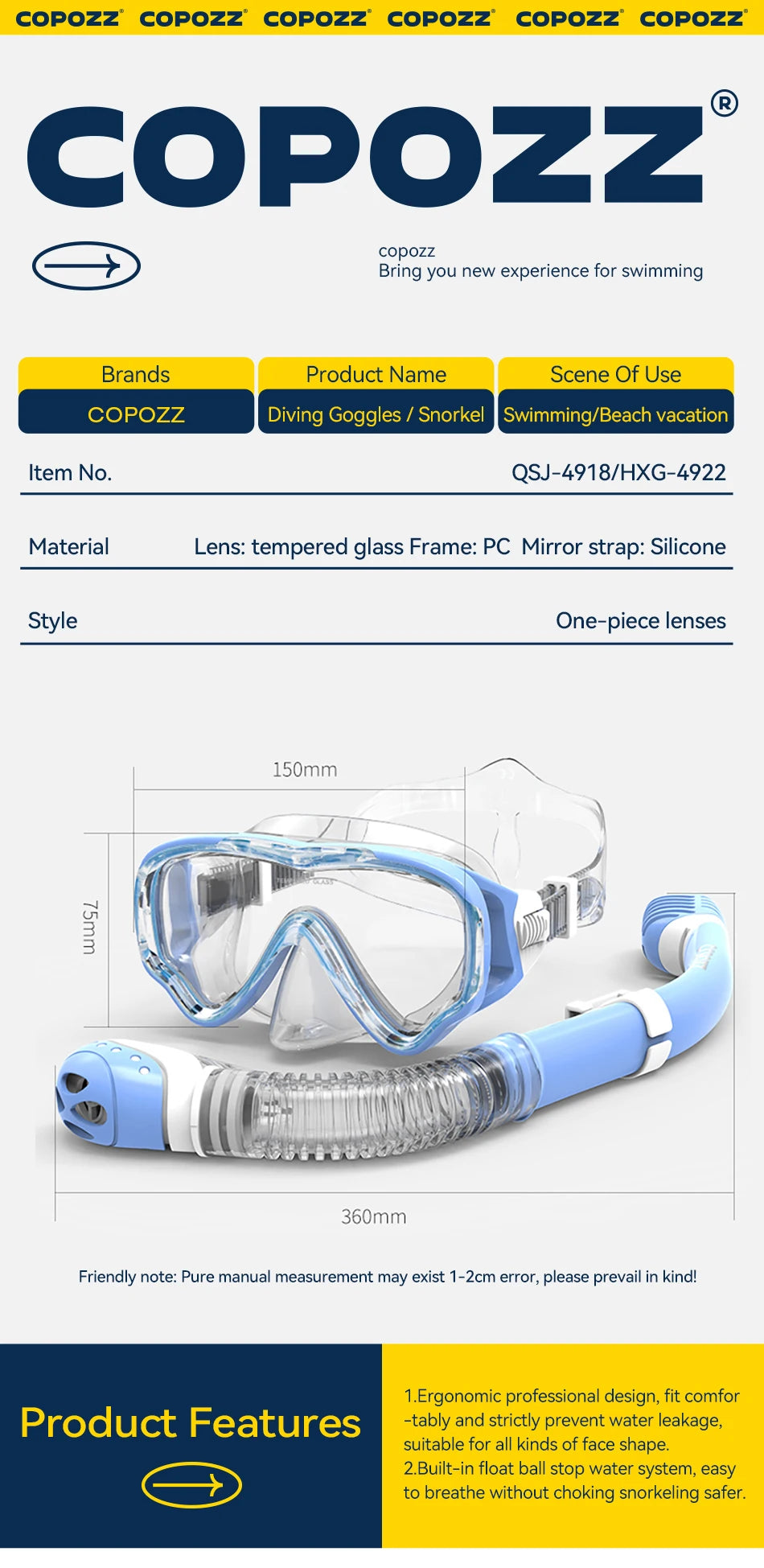 COPOZZ Underwater Scuba Diving Mask and Snorkel Anti-Fog Goggles Glasses Diving Swimming Easy Breath Tube Set for Kids Children