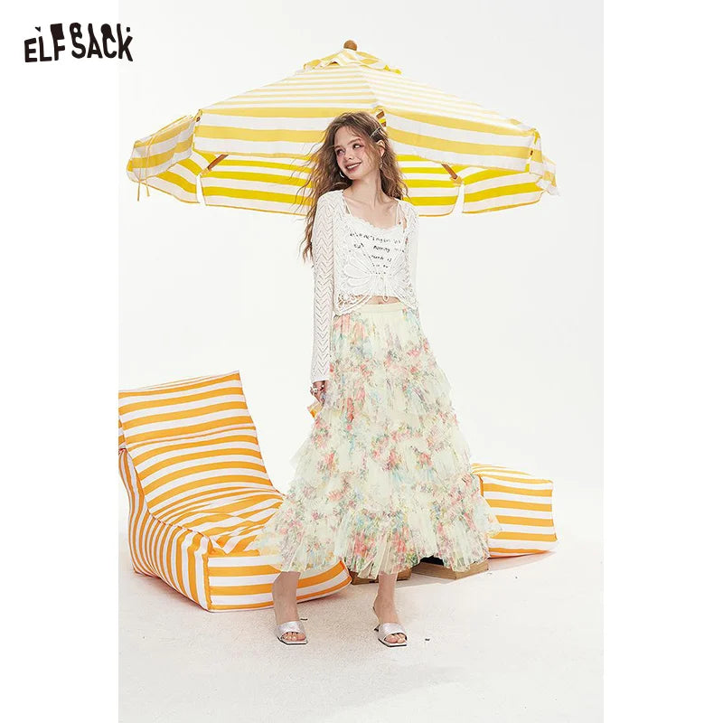 ELFSACK 2025 Summer New Arrivals High Waisted A-Line Floral Chic Skirt For Women